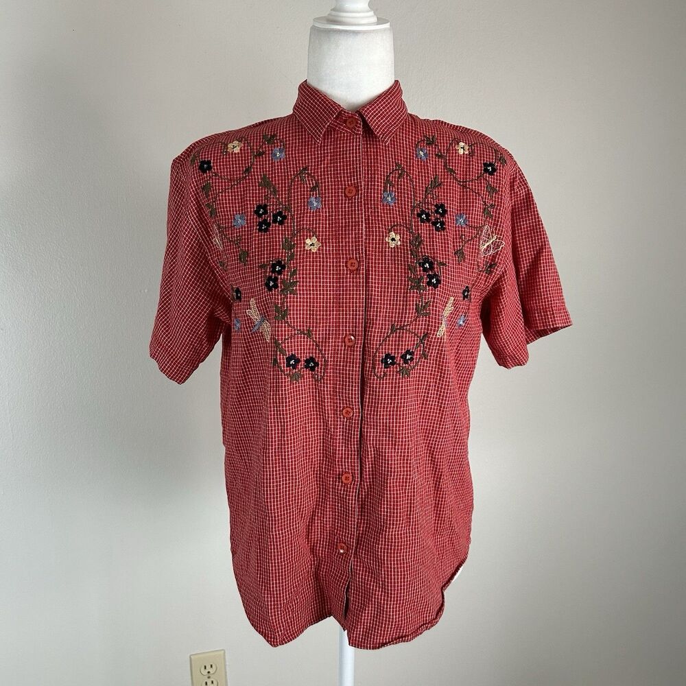 Vintage M Gingham Plaid Shirt Button Up Embroidered Cross Stitch Red Western